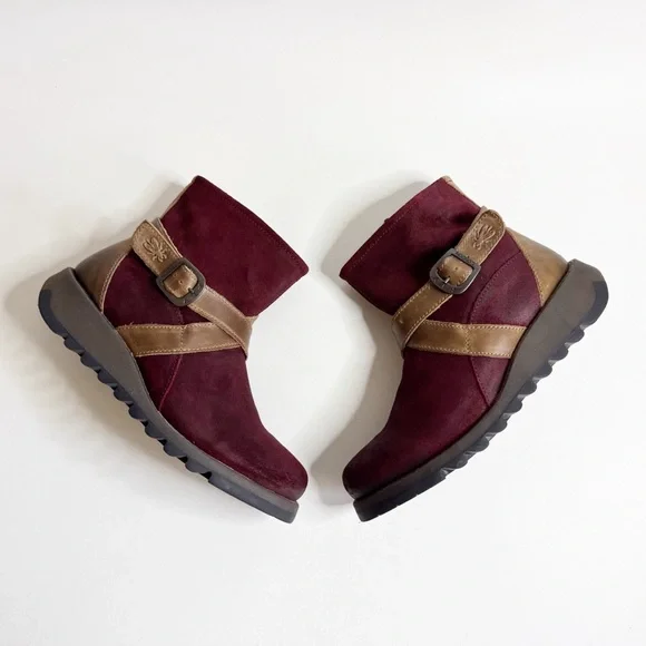Fly London Sake Suede Wedge Ankle Boot Burgundy Brown Artsy Boho US 9 EU 39 - Picture 1 of 9